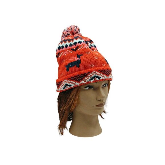 Old Navy Fair Isle Knit Beanie Hat Red with Lama Design Pom Pom Size S-M Acrylic - Picture 4 of 11